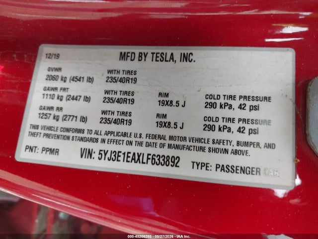 Aukcja sprzedaży 2020 Tesla Model 3 Standard Range Plus Rear-wheel Drive/standard Range Rear-wheel Drive, vin: 5YJ3E1EAXLF633892, numer aukcji: 45208285