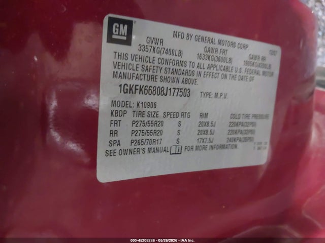 45208286 :رقم المزاد ، 1GKFK66808J177503 vin ، 2008 Gmc Yukon Xl 1500 Denali مزاد بيع