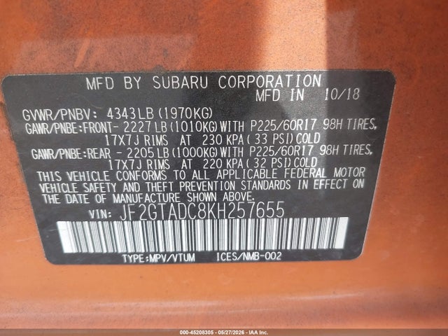 Aukcja sprzedaży 2019 Subaru Crosstrek 2.0i Premium, vin: JF2GTADC8KH257655, numer aukcji: 45208305