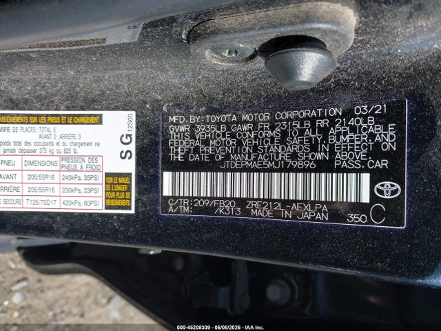JTDEPMAE5MJ179896 Toyota COROLLA LE