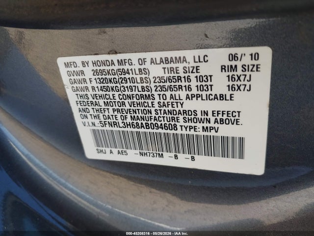 2010 Honda Odyssey Ex-l მანქანა იყიდება აუქციონზე, vin: 5FNRL3H68AB094608, აუქციონის ნომერი: 45208316