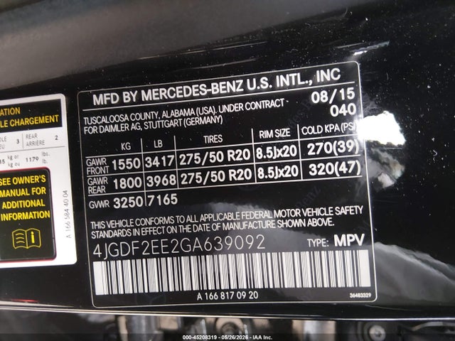 45208319 :رقم المزاد ، 4JGDF2EE2GA639092 vin ، 2016 Mercedes-benz Gl 350 Bluetec 4matic مزاد بيع