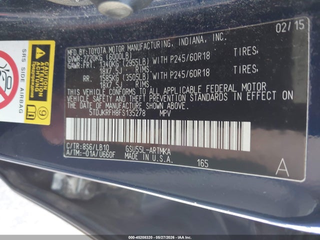 Aukcja sprzedaży 2015 Toyota Highlander Xle V6, vin: 5TDJKRFH8FS135278, numer aukcji: 45208320