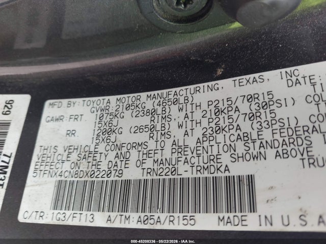 45208336 :رقم المزاد ، 5TFNX4CN8DX022079 vin ، 2013 Toyota Tacoma مزاد بيع