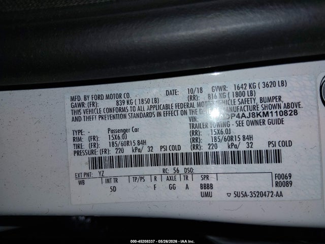 2019 Ford Fiesta S მანქანა იყიდება აუქციონზე, vin: 3FADP4AJ8KM110828, აუქციონის ნომერი: 45208337