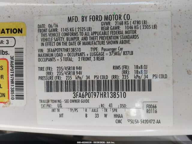 Продажа на аукционе авто 2017 Ford Fusion Se, vin: 3FA6P0T97HR138510, номер лота: 45208339