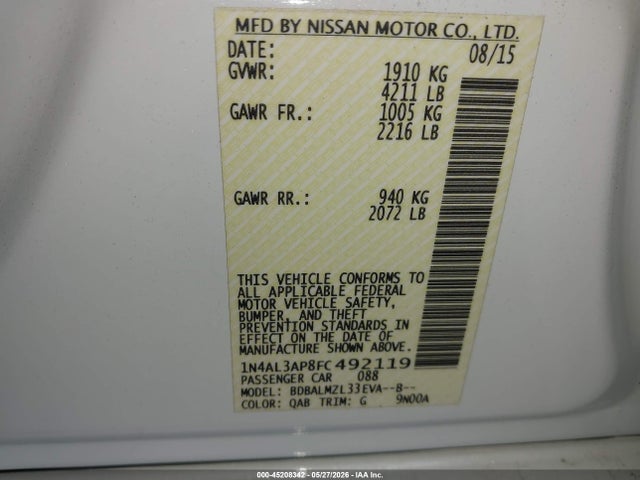 Продажа на аукционе авто 2015 Nissan Altima 2.5 Sv, vin: 1N4AL3AP8FC492119, номер лота: 45208342