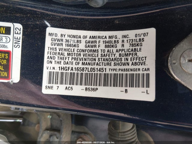 Продажа на аукционе авто 2007 Honda Civic Lx, vin: 1HGFA16587L051451, номер лота: 45208359
