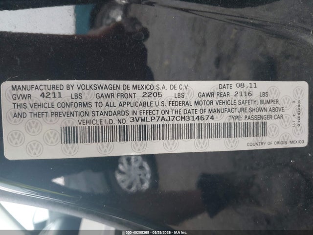 Продаж на аукціоні авто 2012 Volkswagen Jetta 2.5l Sel, vin: 3VWLP7AJ7CM314574, номер лоту: 45208368