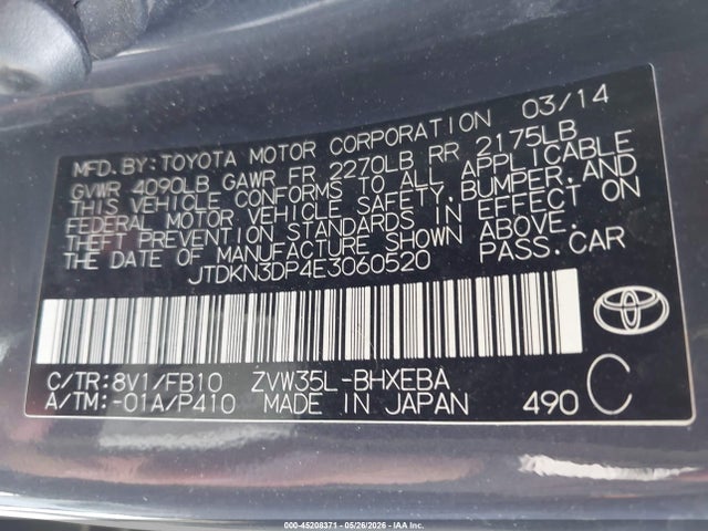 45208371 :رقم المزاد ، JTDKN3DP4E3060520 vin ، 2014 Toyota Prius Plug-in مزاد بيع