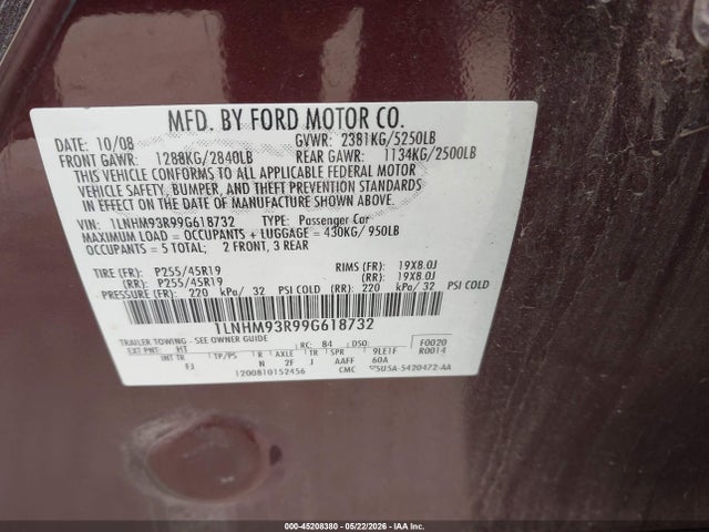 Продажа на аукционе авто 2009 Lincoln Mks, vin: 1LNHM93R99G618732, номер лота: 45208380