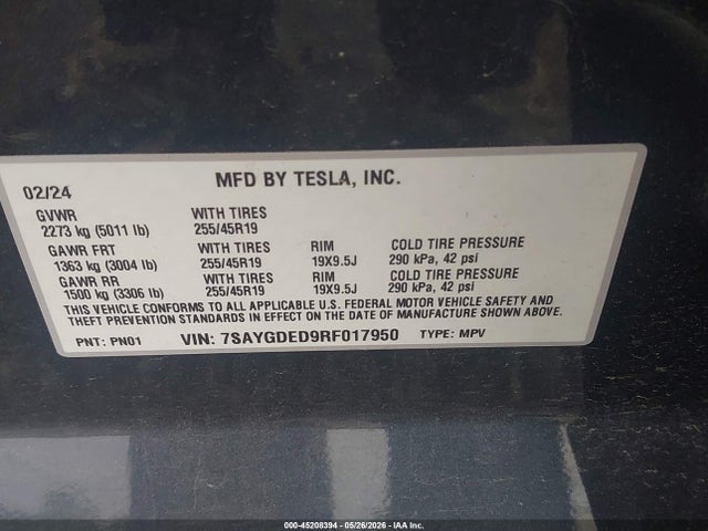 Продаж на аукціоні авто 2024 Tesla Model Y, vin: 7SAYGDED9RF017950, номер лоту: 45208394