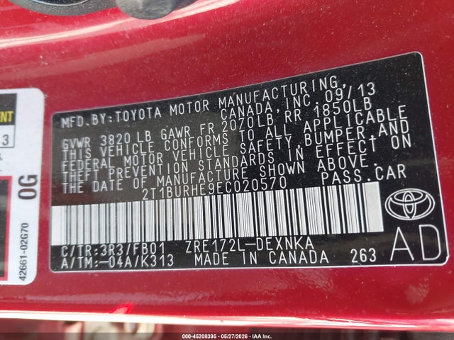 Aukcja sprzedaży 2014 Toyota Corolla Le, vin: 2T1BURHE9EC020570, numer aukcji: 45208395