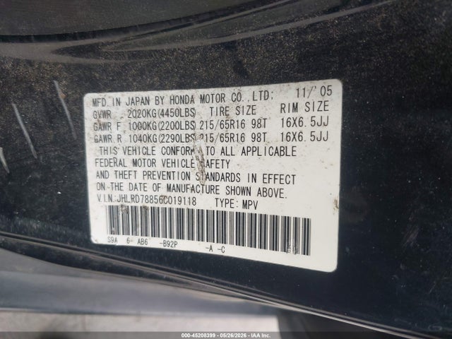 Aukcja sprzedaży 2006 Honda Cr-v Ex, vin: JHLRD78856C019118, numer aukcji: 45208399
