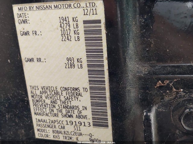 45208407 :رقم المزاد ، 1N4AL2AP5CC191913 vin ، 2012 Nissan Altima 2.5 S مزاد بيع