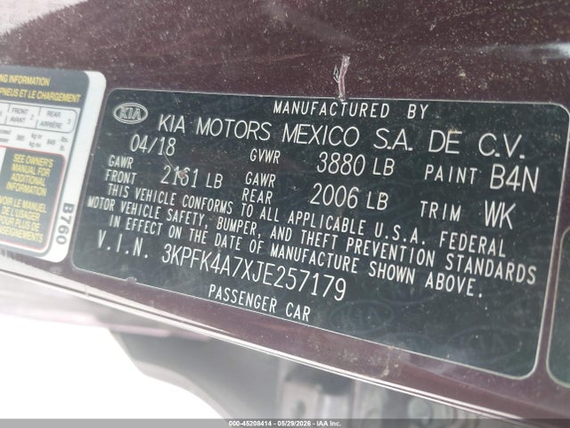 45208414 :رقم المزاد ، 3KPFK4A7XJE257179 vin ، 2018 Kia Forte Lx مزاد بيع