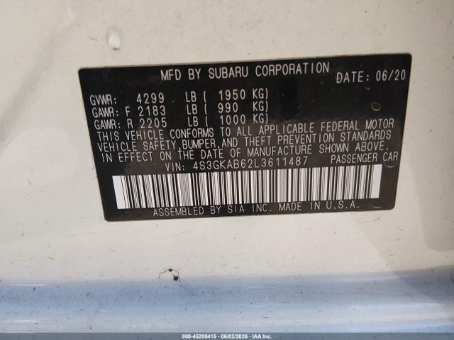 Продаж на аукціоні авто 2020 Subaru Impreza, vin: 4S3GKAB62L3611487, номер лоту: 45208415