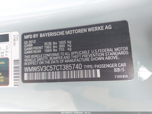 Продажа на аукционе авто 2012 Mini Cooper S, vin: WMWSV3C57CT385740, номер лота: 45208418