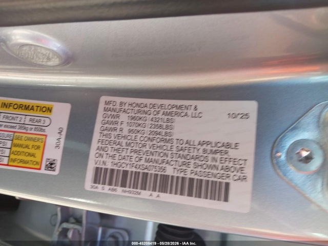 Honda ACCORD SE 2025 1HGCY1F4XSA075356 Image 9