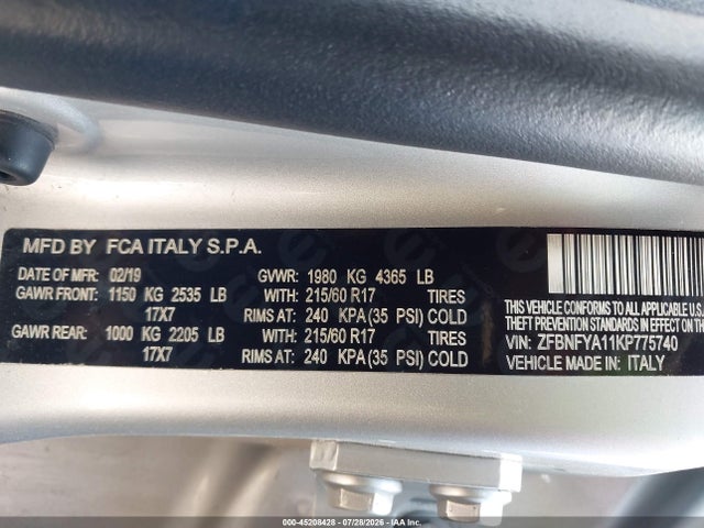 2019 Fiat 500x Pop Awd მანქანა იყიდება აუქციონზე, vin: ZFBNFYA11KP775740, აუქციონის ნომერი: 45208428