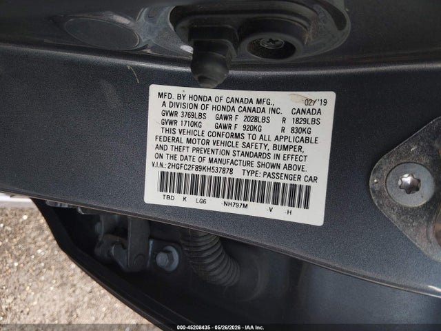 Продаж на аукціоні авто 2019 Honda Civic Sport, vin: 2HGFC2F89KH537878, номер лоту: 45208435