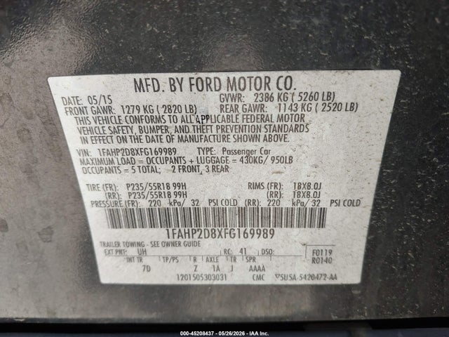 Ford TAURUS SE 2015 1FAHP2D8XFG169989 Image 9