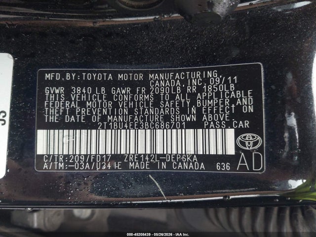 2011 Toyota Corolla S მანქანა იყიდება აუქციონზე, vin: 2T1BU4EE3BC686701, აუქციონის ნომერი: 45208439