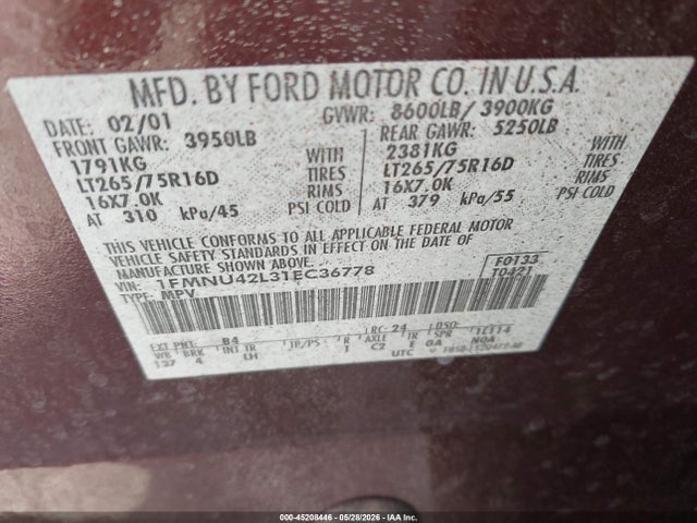 Продаж на аукціоні авто 2001 Ford Excursion Limited, vin: 1FMNU42L31EC36778, номер лоту: 45208446