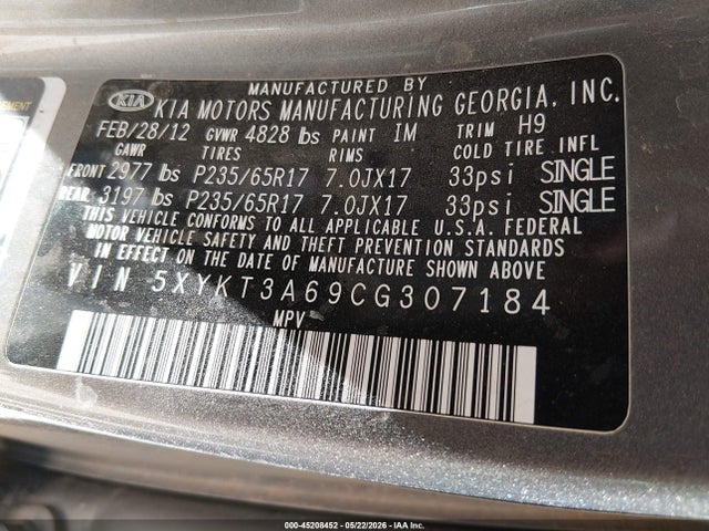 2012 Kia Sorento Lx მანქანა იყიდება აუქციონზე, vin: 5XYKT3A69CG307184, აუქციონის ნომერი: 45208452