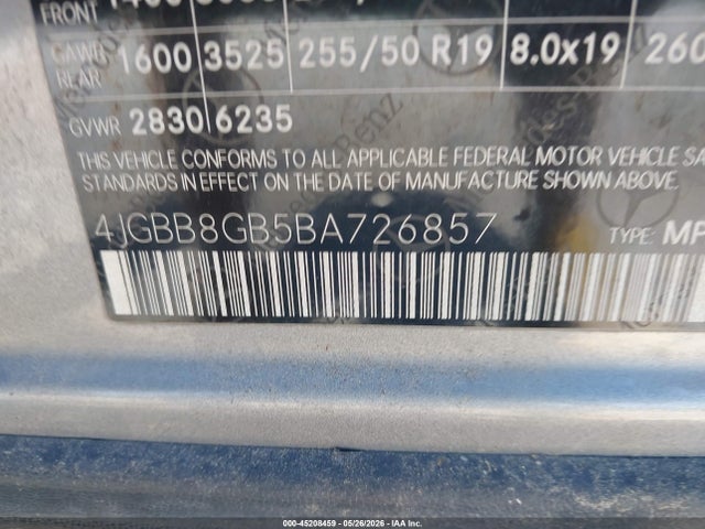 45208459 :رقم المزاد ، 4JGBB8GB5BA726857 vin ، 2011 Mercedes-benz Ml 350 4matic مزاد بيع