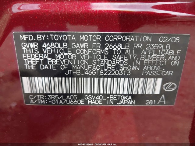 Aukcja sprzedaży 2008 Lexus Es 350, vin: JTHBJ46G182220313, numer aukcji: 45208462