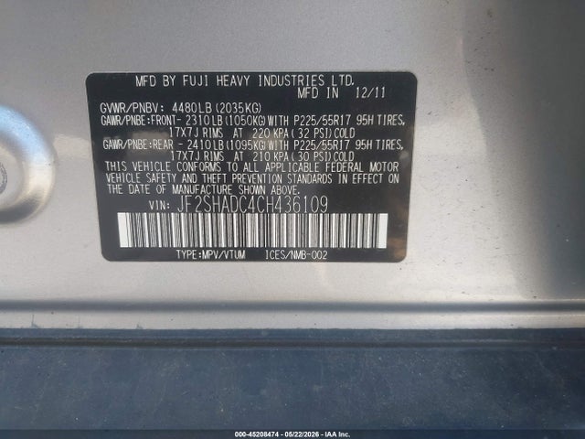 Продаж на аукціоні авто 2012 Subaru Forester 2.5x Premium, vin: JF2SHADC4CH436109, номер лоту: 45208474