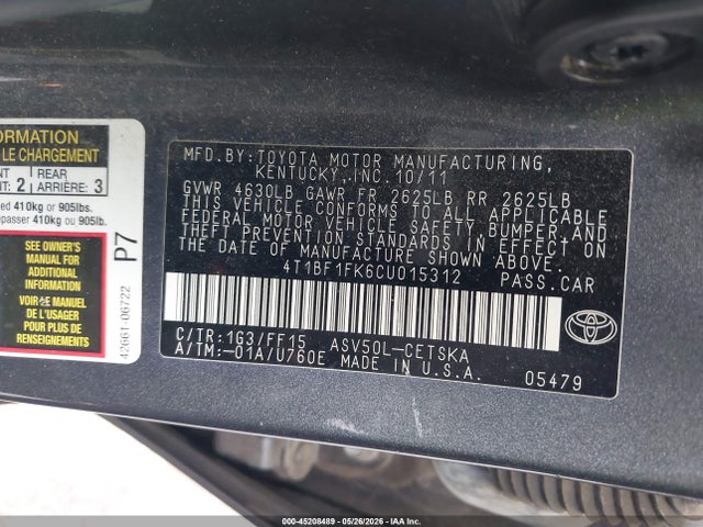 45208489 :رقم المزاد ، 4T1BF1FK6CU015312 vin ، 2012 Toyota Camry Se مزاد بيع