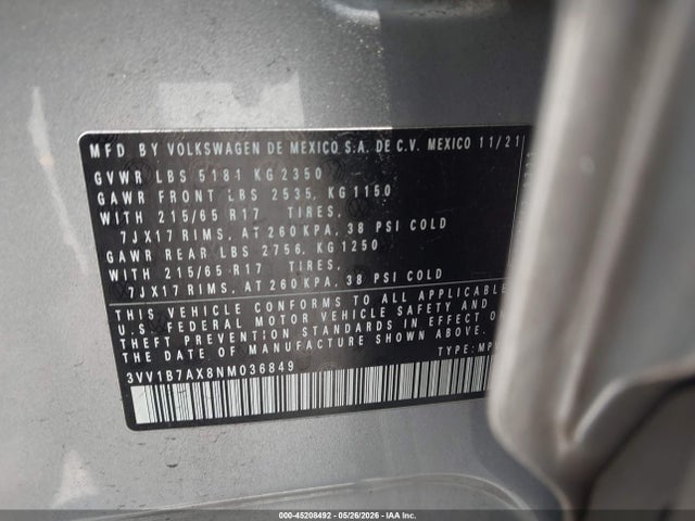 Aukcja sprzedaży 2022 Volkswagen Tiguan 2.0t S, vin: 3VV1B7AX8NM036849, numer aukcji: 45208492