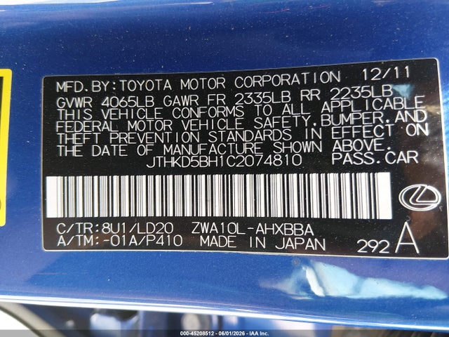Aukcja sprzedaży 2012 Lexus Ct 200h Premium, vin: JTHKD5BH1C2074810, numer aukcji: 45208512