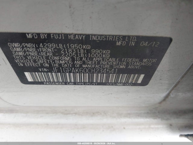 Aukcja sprzedaży 2012 Subaru Impreza 2.0i Limited, vin: JF1GPAK60CH234541, numer aukcji: 45208519