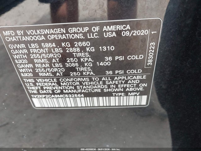Aukcja sprzedaży 2021 Volkswagen Atlas 2.0t Se W/technology, vin: 1V2KP2CA9MC532564, numer aukcji: 45208536