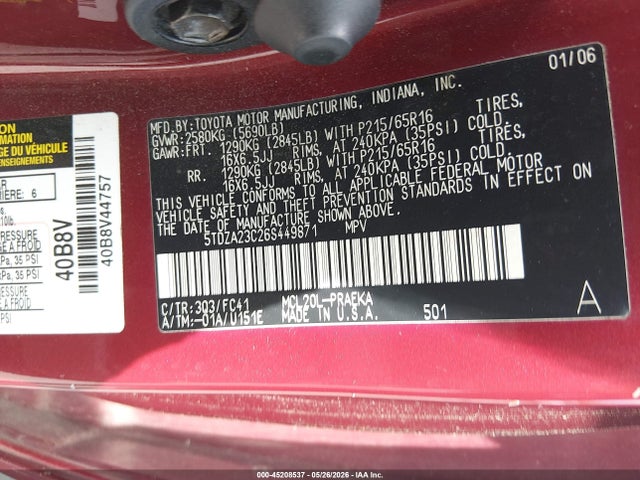 Продажа на аукционе авто 2006 Toyota Sienna Le, vin: 5TDZA23C26S449871, номер лота: 45208537