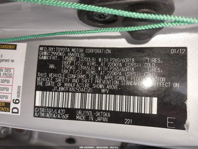 Aukcja sprzedaży 2012 Lexus Gx 460, vin: JTJBM7FX8C5044245, numer aukcji: 45208541