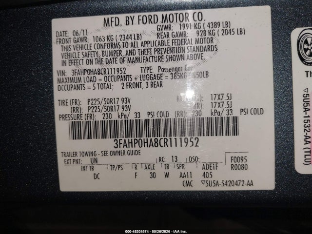 Продаж на аукціоні авто 2012 Ford Fusion Se, vin: 3FAHP0HA8CR111952, номер лоту: 45208574