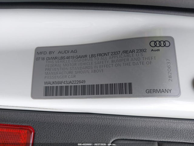 Aukcja sprzedaży 2018 Audi A4 2.0t Ultra Premium, vin: WAUKMAF43JA222649, numer aukcji: 45208581