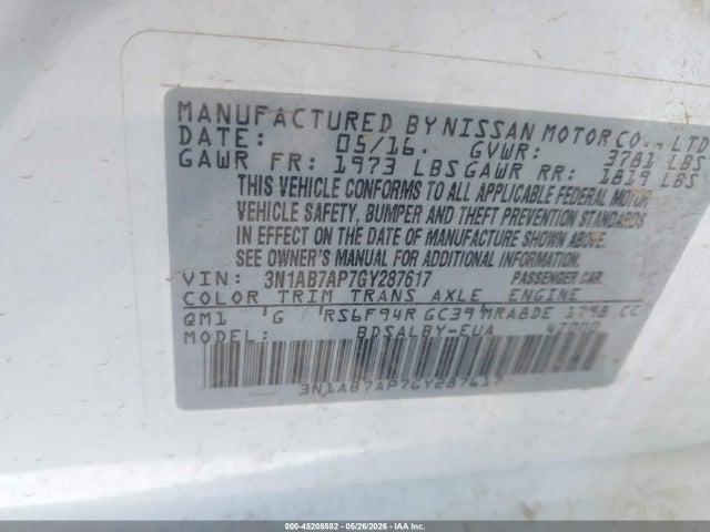Aukcja sprzedaży 2016 Nissan Sentra S, vin: 3N1AB7AP7GY287617, numer aukcji: 45208582