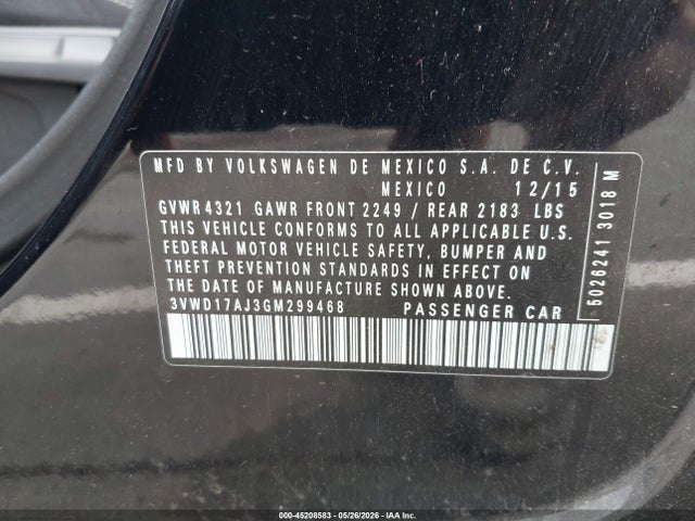 Aukcja sprzedaży 2016 Volkswagen Jetta 1.8t Sport, vin: 3VWD17AJ3GM299468, numer aukcji: 45208583