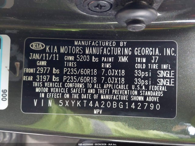 2011 Kia Sorento Lx V6 მანქანა იყიდება აუქციონზე, vin: 5XYKT4A20BG142790, აუქციონის ნომერი: 45208588
