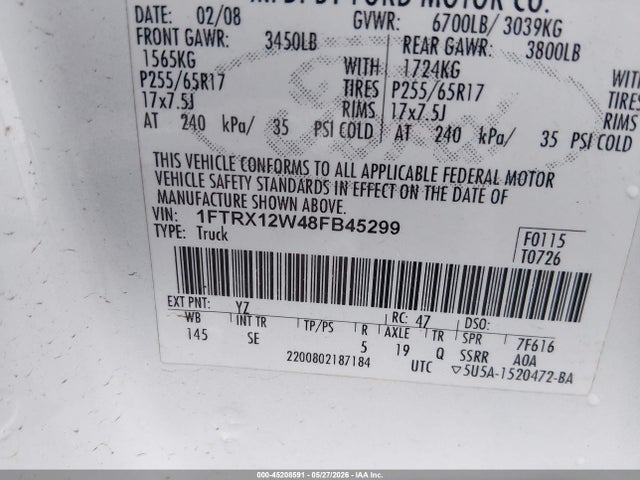 Aukcja sprzedaży 2008 Ford F-150 Stx, vin: 1FTRX12W48FB45299, numer aukcji: 45208591