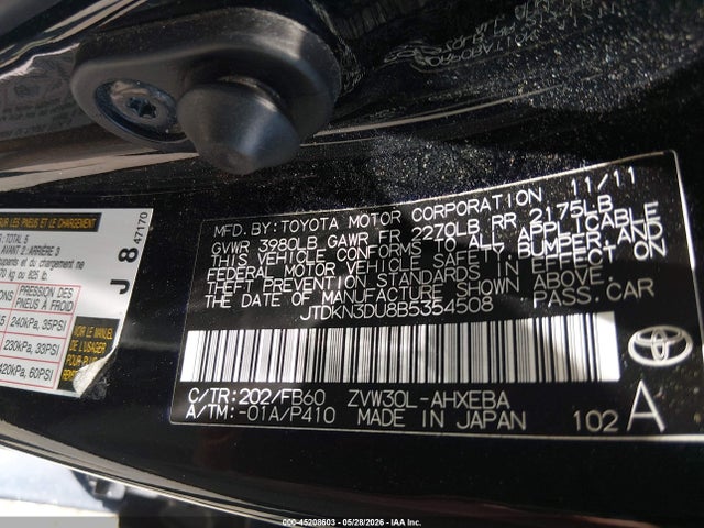 2011 Toyota Prius Two მანქანა იყიდება აუქციონზე, vin: JTDKN3DU8B5354508, აუქციონის ნომერი: 45208603