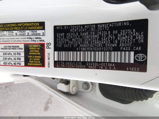 45208610 :رقم المزاد ، 4T1BK1FK1CU013270 vin ، 2012 Toyota Camry Se V6 مزاد بيع