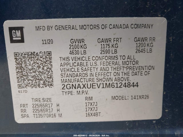 Продажа на аукционе авто 2021 Chevrolet Equinox Awd Lt, vin: 2GNAXUEV1M6124844, номер лота: 45208612