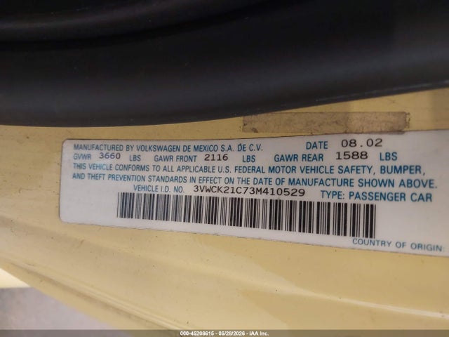 Продаж на аукціоні авто 2003 Volkswagen New Beetle Gls 2.0l, vin: 3VWCK21C73M410529, номер лоту: 45208615