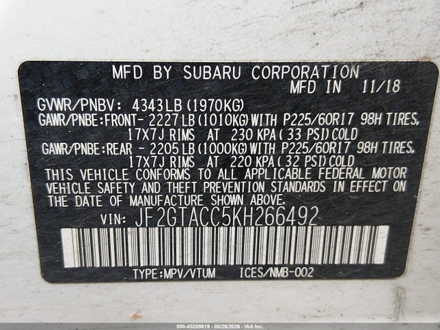 JF2GTACC5KH266492 Subaru Crosstrek 2.0i Premium